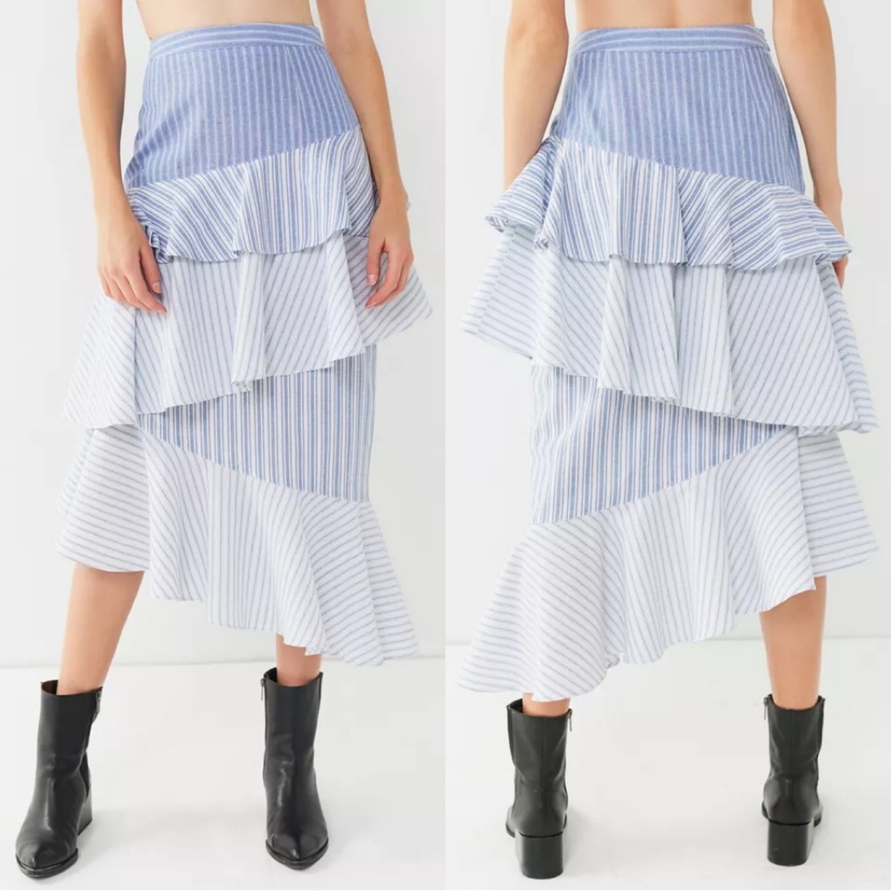 Urban Outfitters Blue Striped Laura Tiered Ruffle Midi Skirt, Size M, 100%Cotton